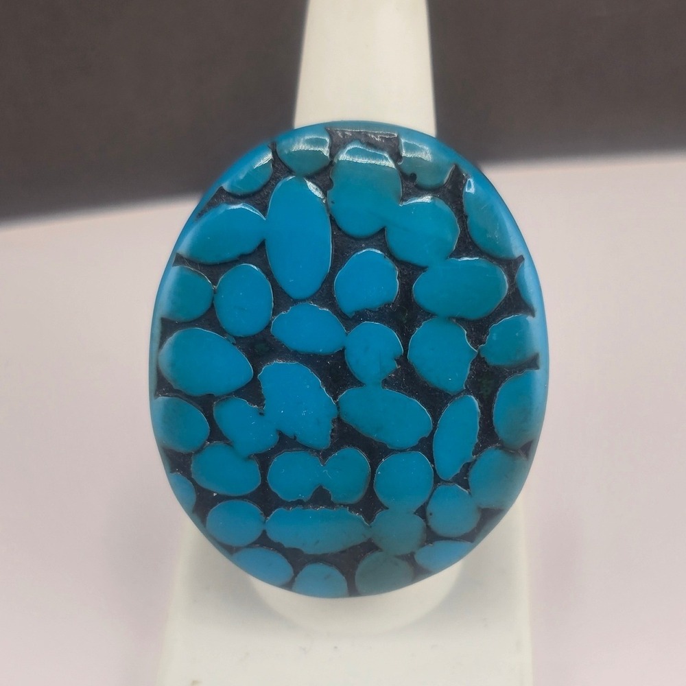 Vintage Estate Ring Blue Mosaic Oval Resin Statement Size 9